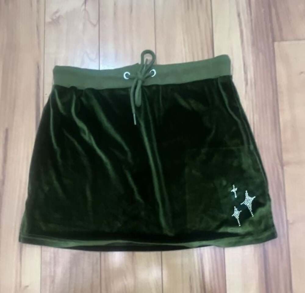 Poster Grl Olive Green Velour Mini Skirt with Rhinestone Star Detail
